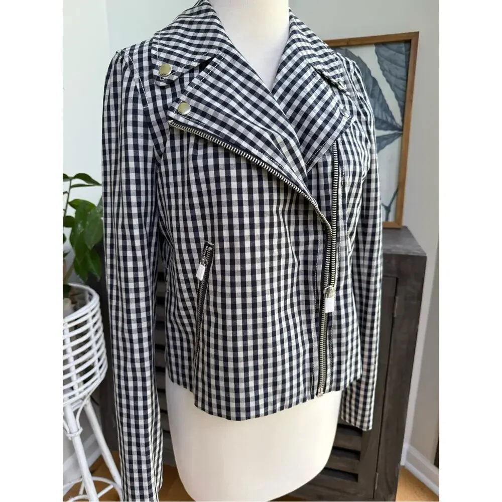 J.Crew Gingham Moto Jacket Size 6 NWT Navy White Check Biker Jacket